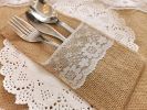 25/50/100PCS 4 x 8Inch Natural Burlap Lace Storage Bag Linen Cutlery Pouch Knife Fork Tableware Poket Utensil Organizer for Wedding Party Restaurant